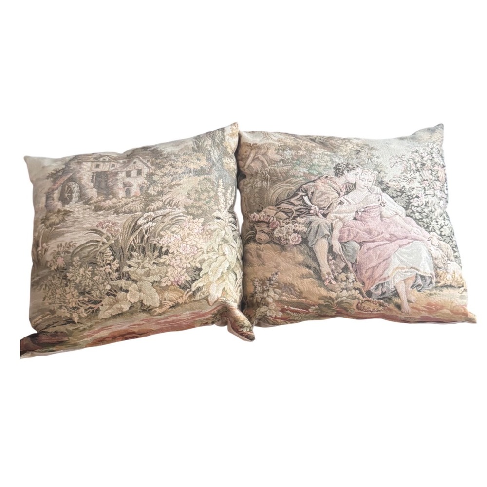 Vintage Tapestry Throw Pillows Pair‎ Romantic Couple & Cottage Watermill 17 inch